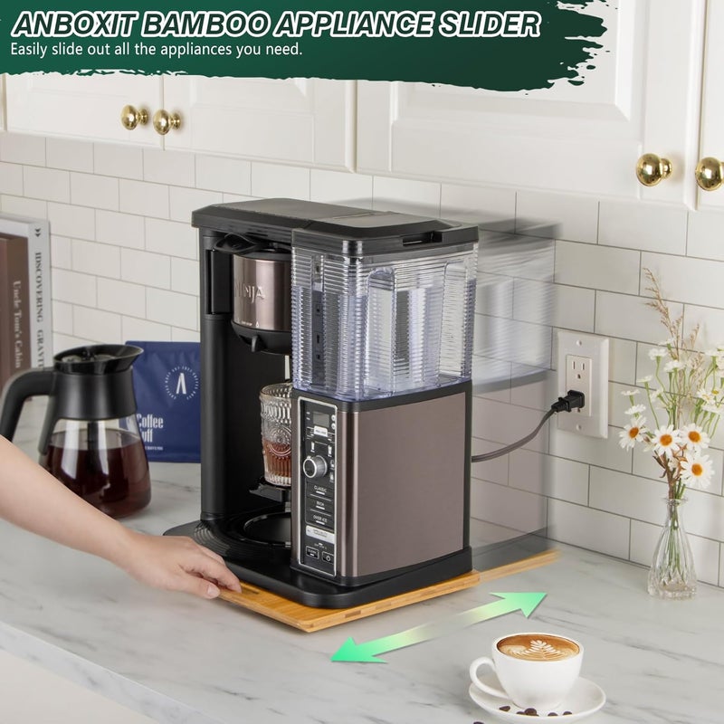 ANBOXIT Bamboo Appliance Slider, Sliding Tray for Coffee Maker, Kitchen Countertop Appliance Rolling Tray, Coffee Pot Slider Tray with Rubber Wheels, Wide - Small (10"D x 12"W) - Image 2